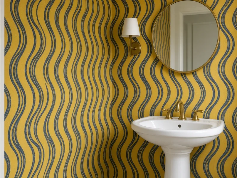GENERATED PLACEHOLDER: powder room with yellow and gray wavy-stripe wallpaper, a round mirror and a pedestal sink (illustration, not Y'all Ones' work)