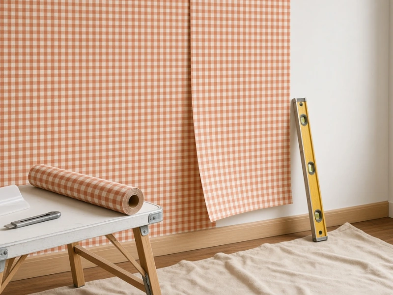 GENERATED PLACEHOLDER: a half-hung drop of gingham wallpaper with a paste table, roll and level in an empty room (illustration, not Y'all Ones' work)