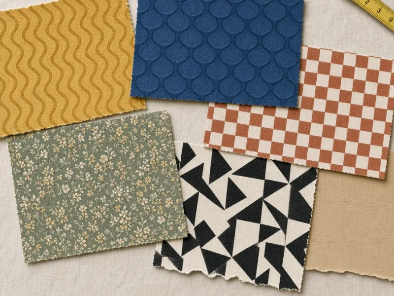 GENERATED PLACEHOLDER: wallpaper sample swatches in several patterns laid out on a cloth beside a tape measure (illustration, not Y'all Ones' work)